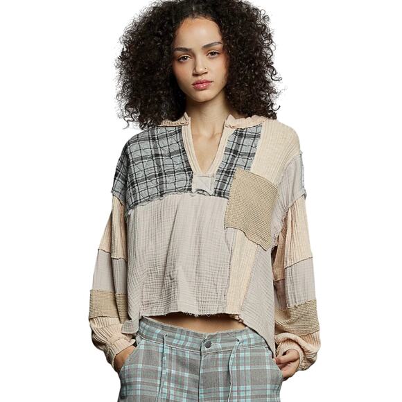 NWT POL Women’s Boho Patchwork Thermal Splitneck Popover Top Cream - Picture 1 of 3